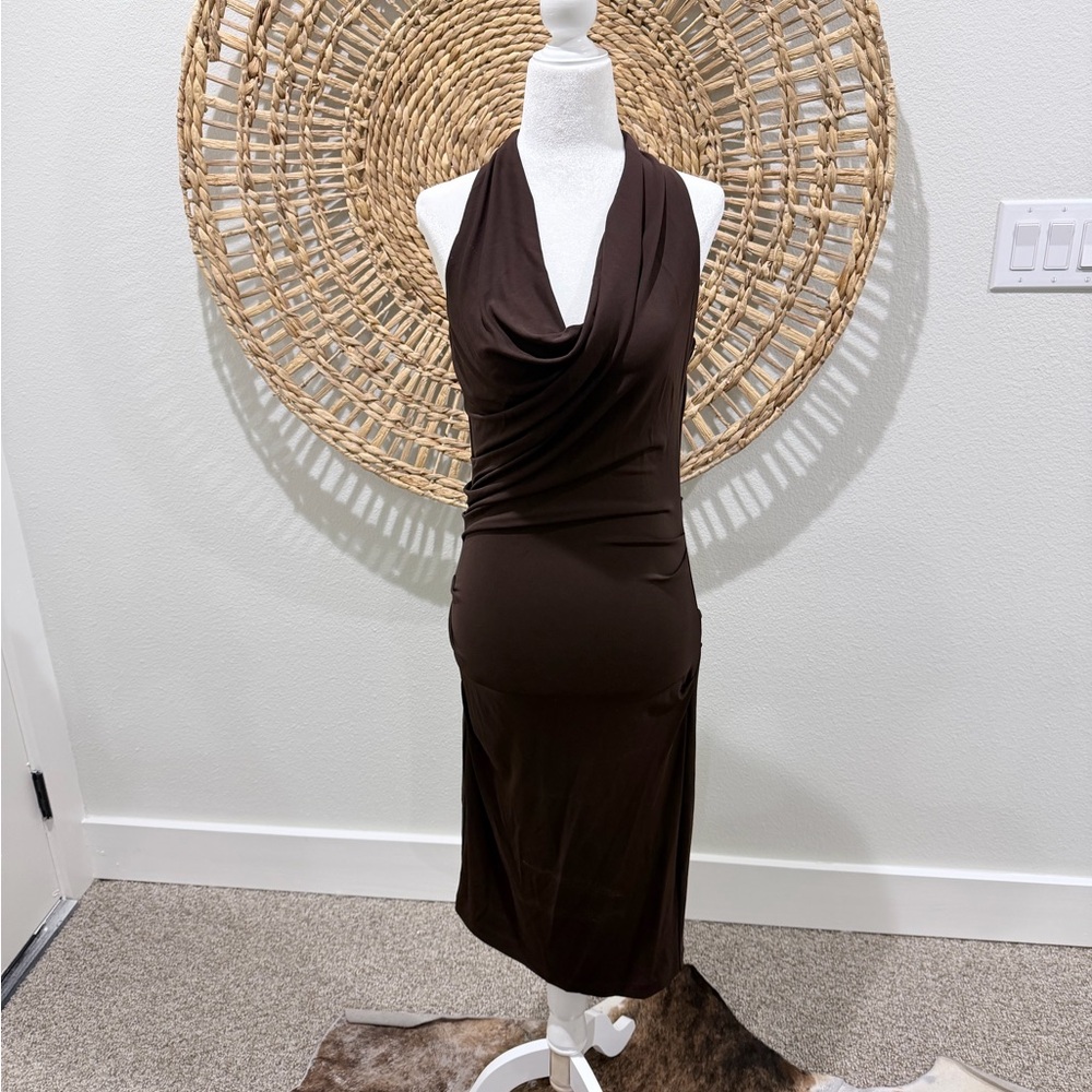 Nicole Miller Brown Sleeveless Cowl Midi Dress